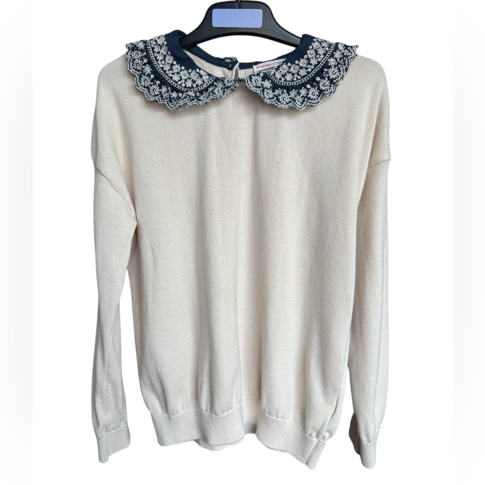 Monoprix Girls White Cotton Pullover Sweater with Navy Embroidered Collar 8